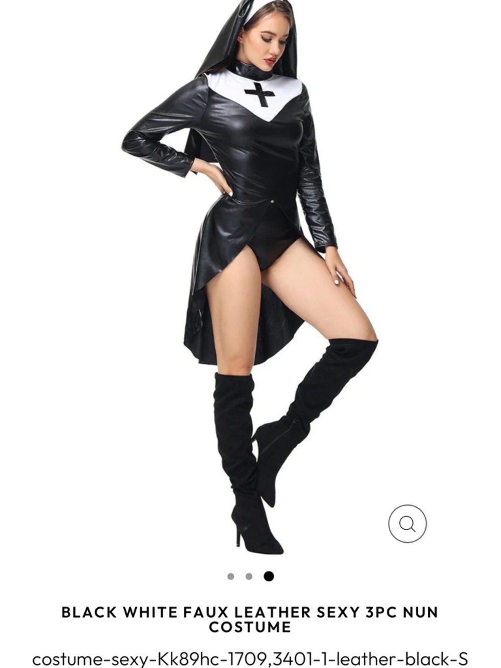 Faux Leather Nun Costume Dress with Headpiece - Black & White